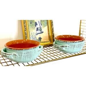 Set of 2 Vintage De Silva Italian Terracotta Pottery Bowls With Turquoise Glaze